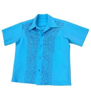 Vintage 1970s Blue Disco Pop Art Short Sleeve Button Up Shirt / Men’s Large -
